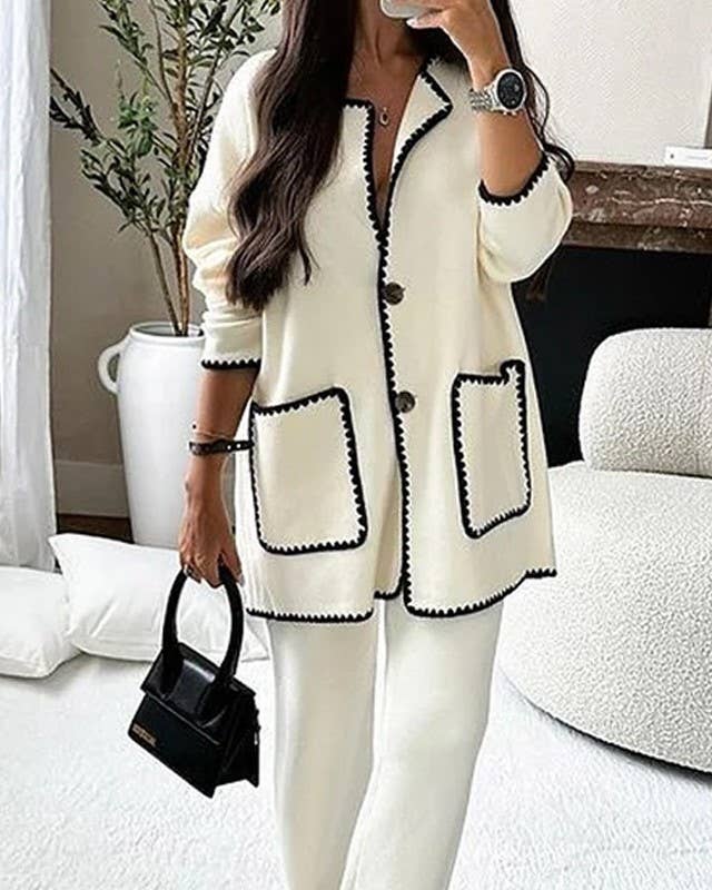Fashion Single Breasted Coat Straight-Leg Pants Set
