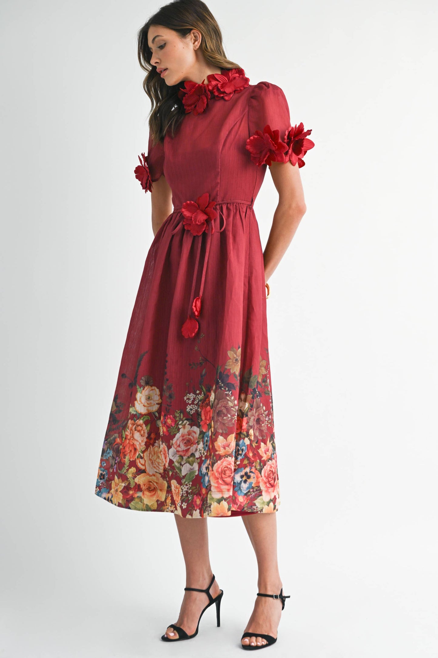 RD0026 3D Floral High Neck Short sleeve Midi Dress