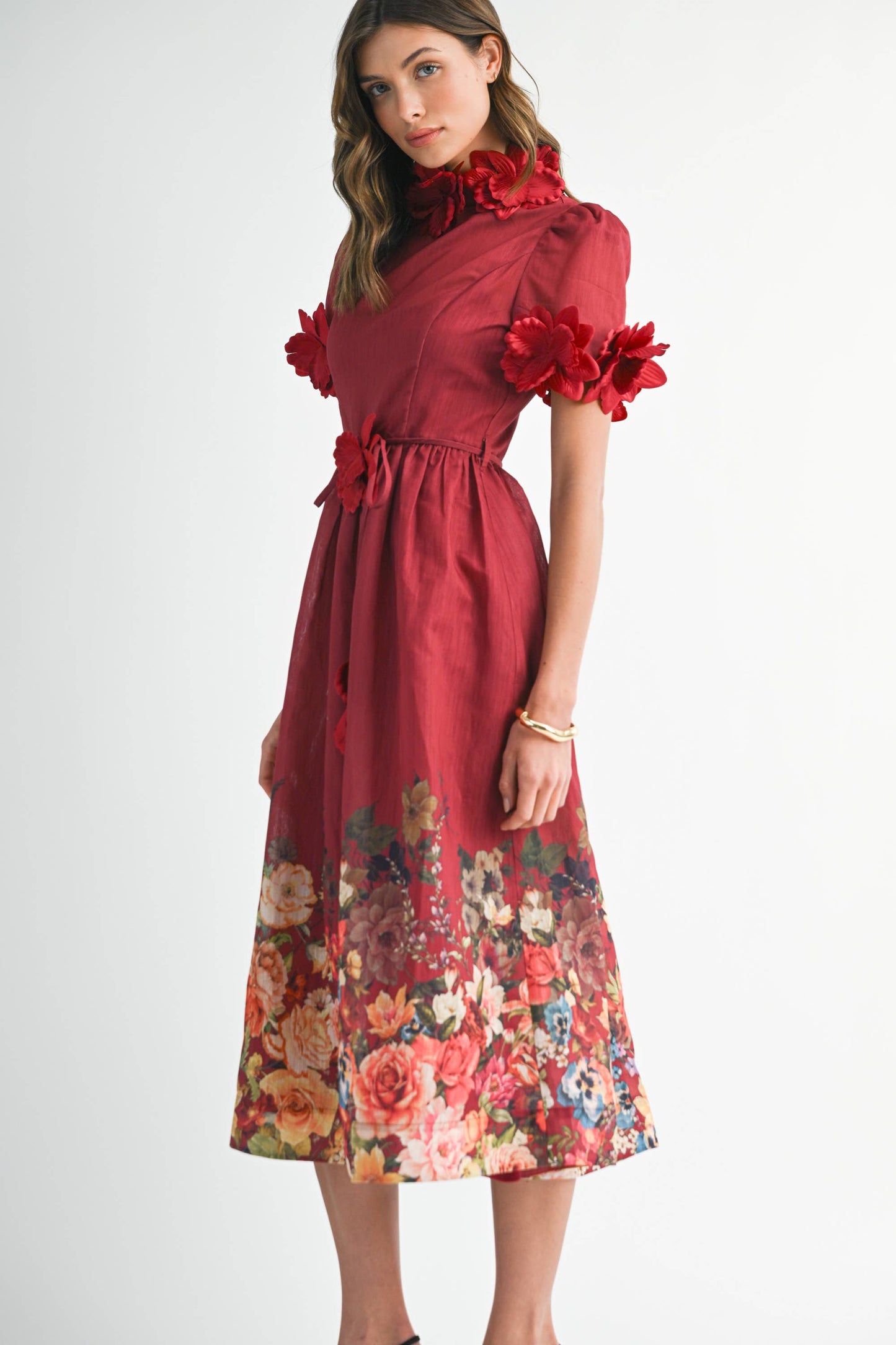 RD0026 3D Floral High Neck Short sleeve Midi Dress