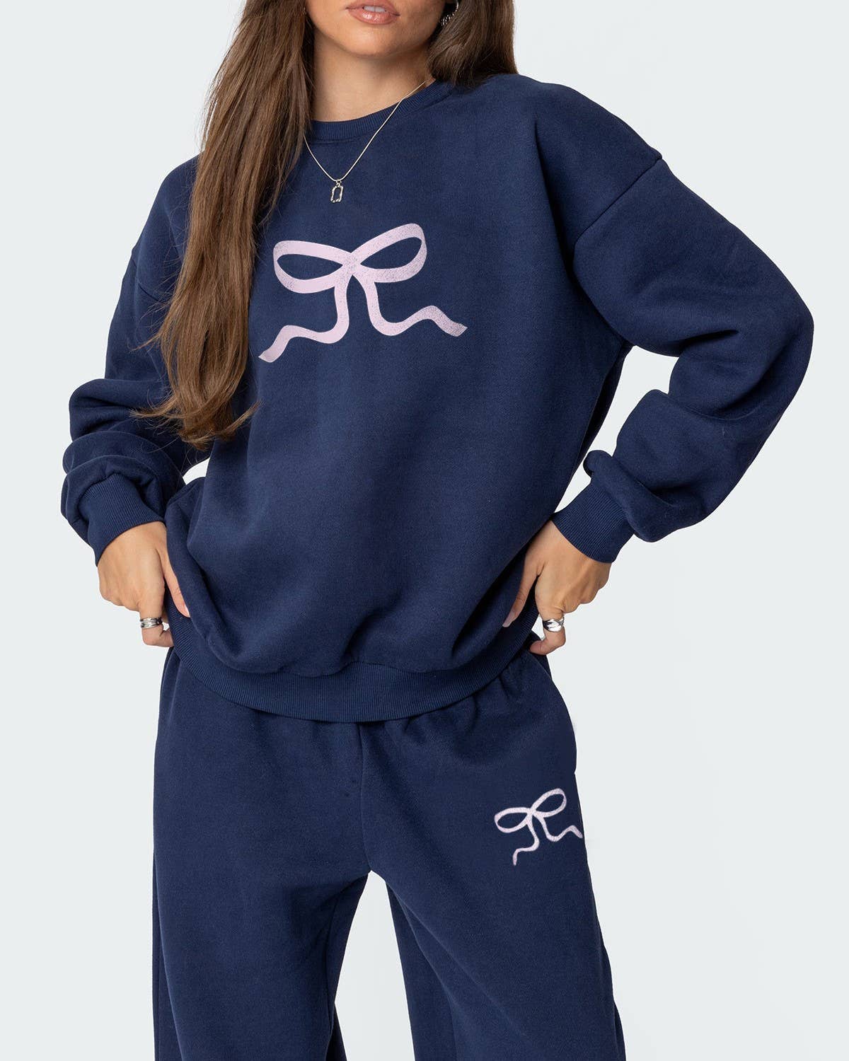 Stylish Casual Ribbon Print Sweatshirt Wide-Leg Pants Set