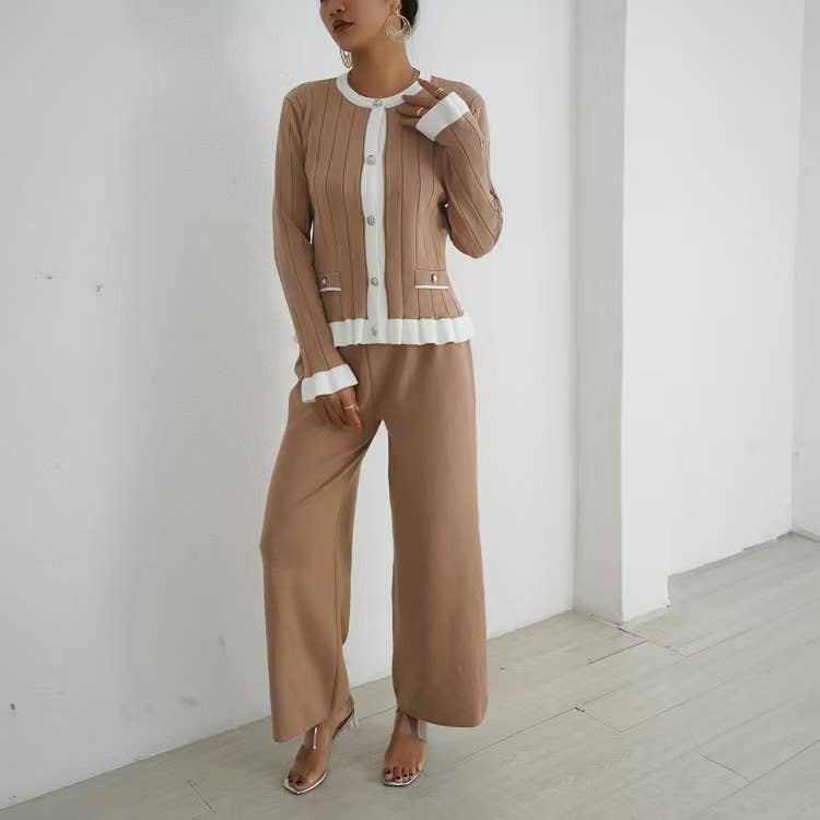 Elegant Lace Sweater Wide-Leg Pants Knitted Two-Piece Set