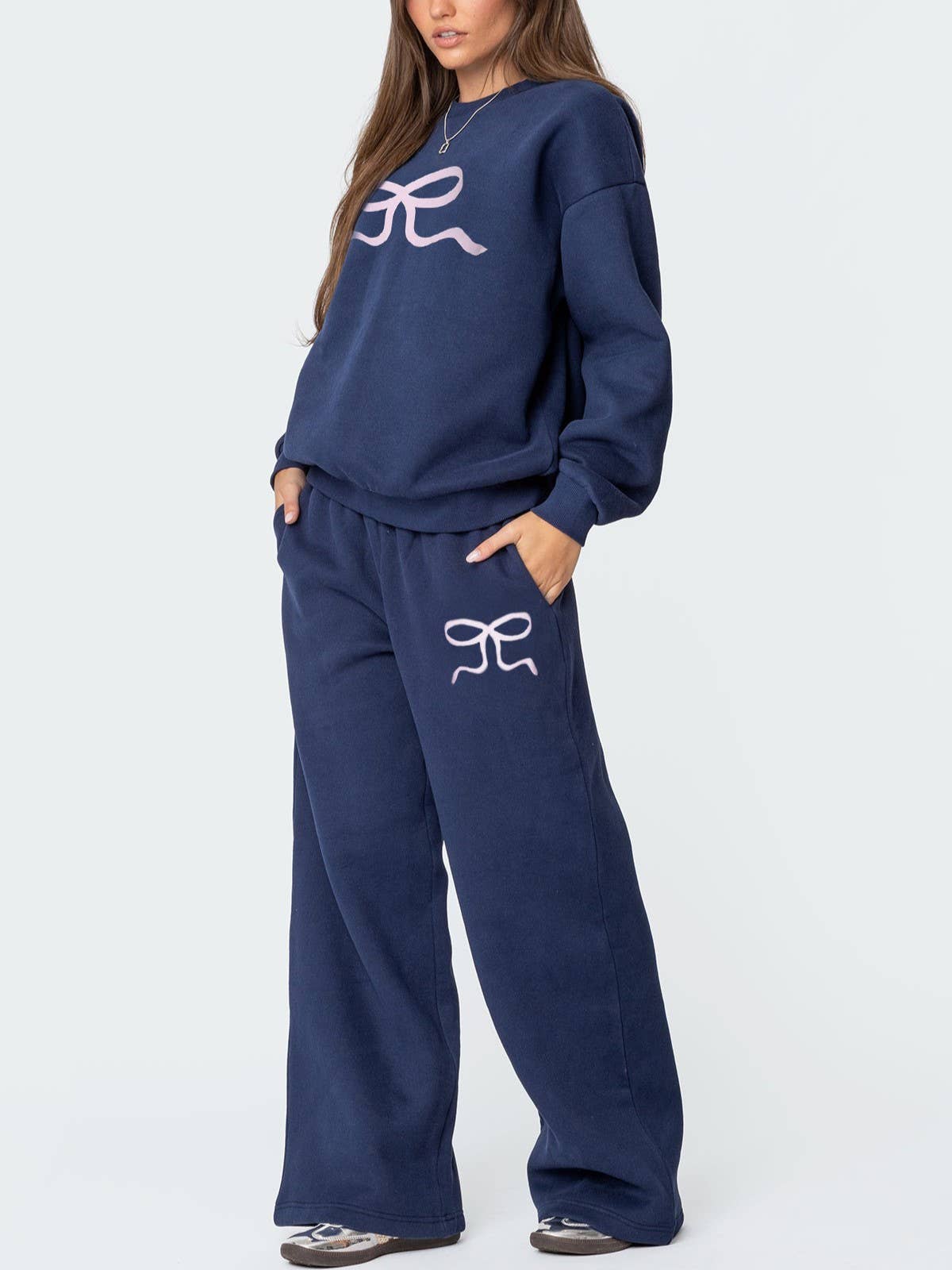 Stylish Casual Ribbon Print Sweatshirt Wide-Leg Pants Set