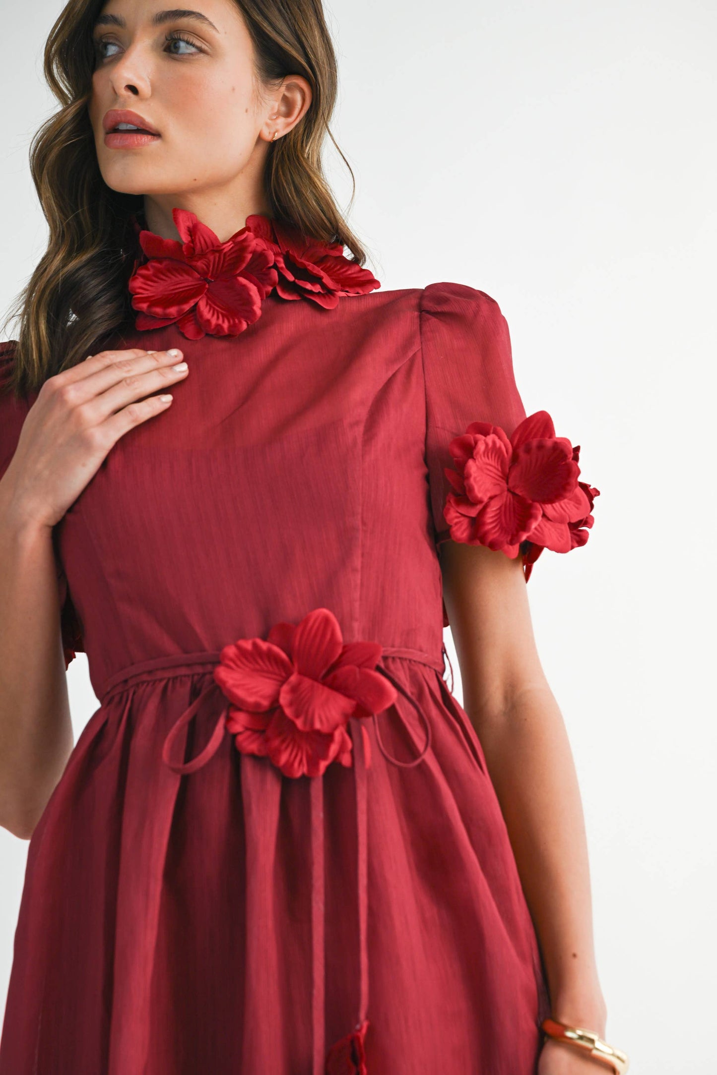 RD0026 3D Floral High Neck Short sleeve Midi Dress