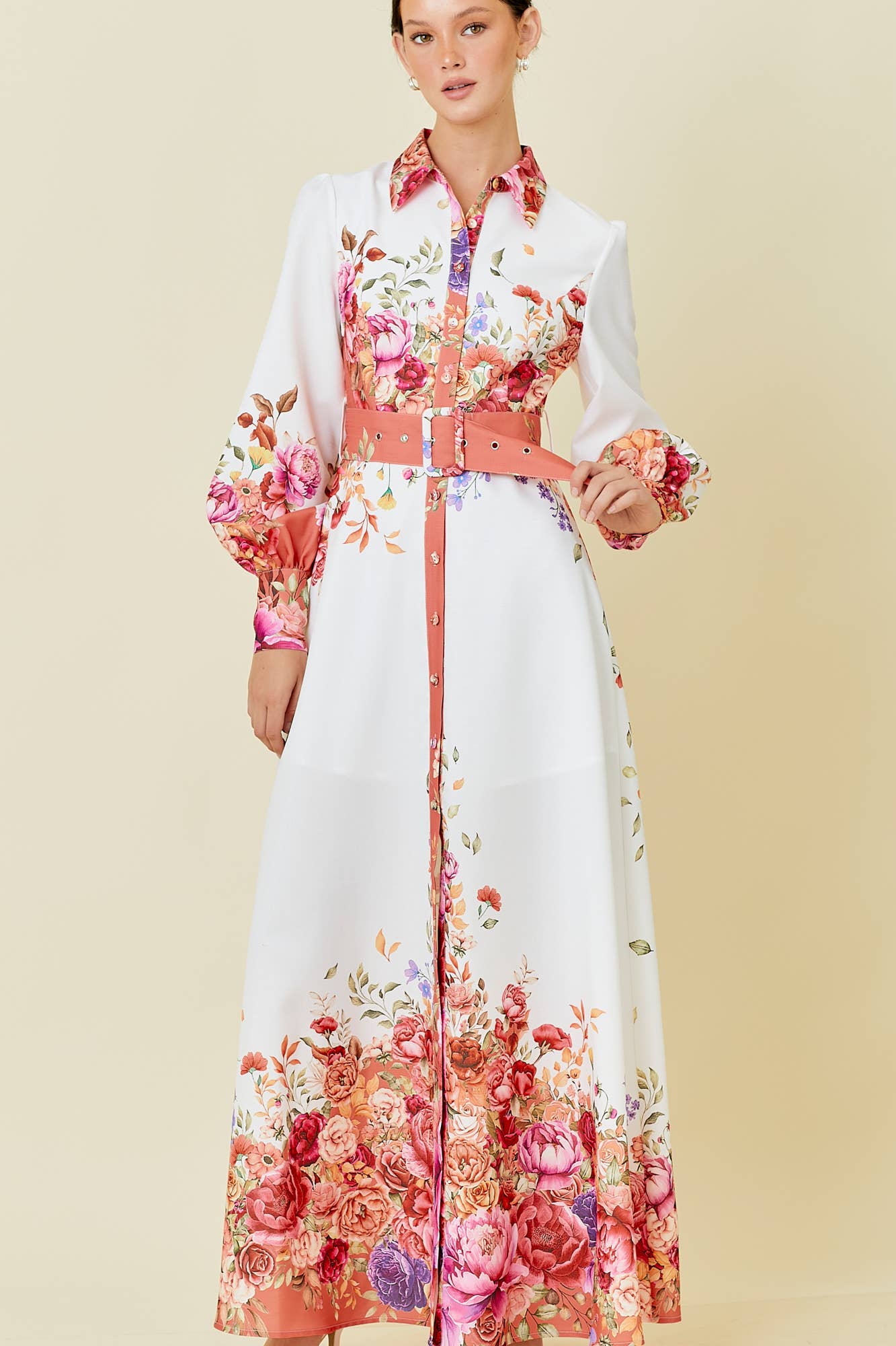 Collar Maxi Dress With Floral Border Print