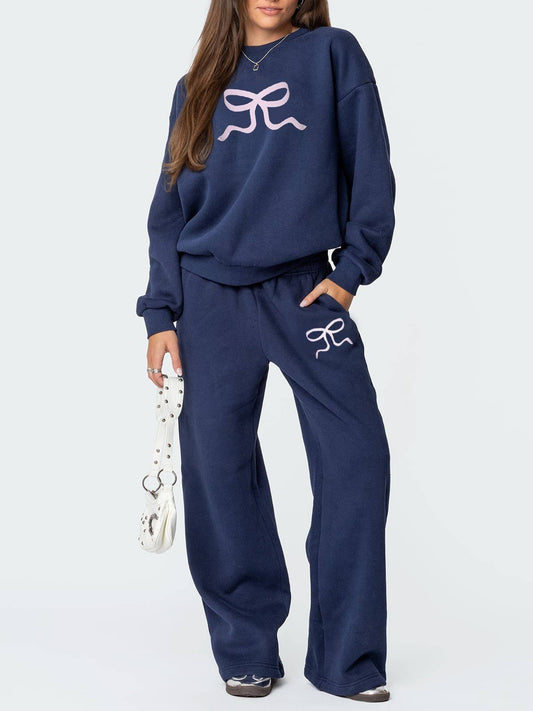 Stylish Casual Ribbon Print Sweatshirt Wide-Leg Pants Set