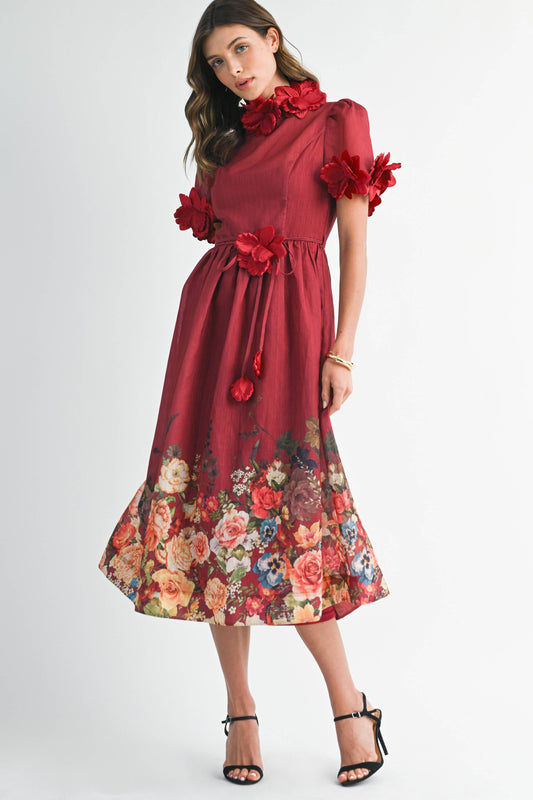 RD0026 3D Floral High Neck Short sleeve Midi Dress
