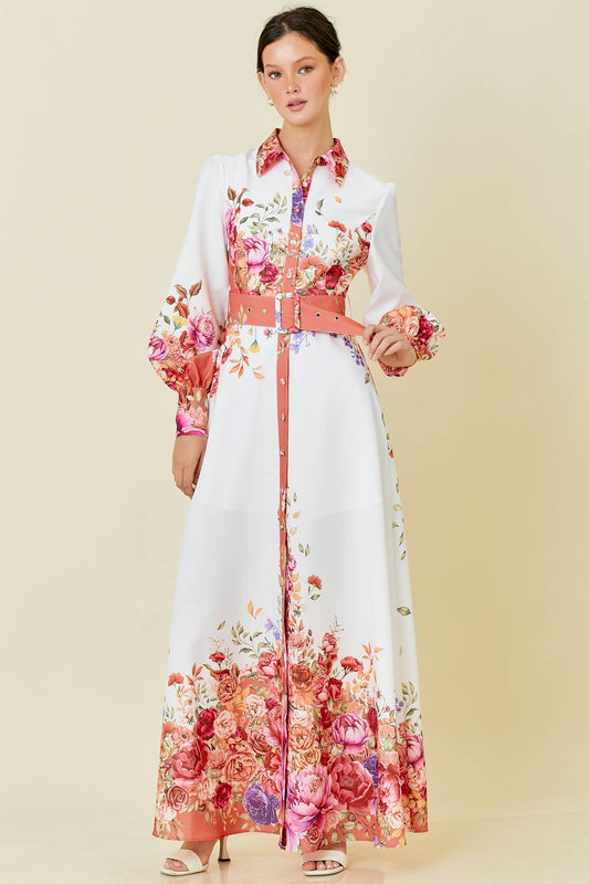 Collar Maxi Dress With Floral Border Print