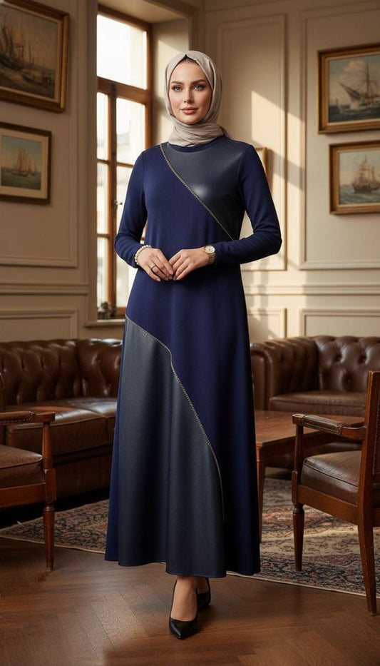 Leather navy blue dress