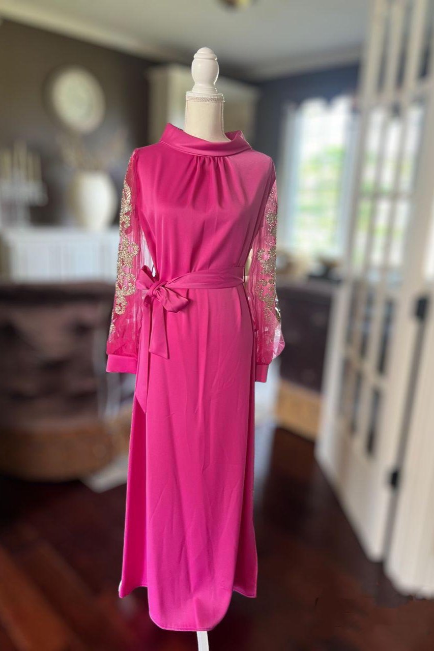 Fuchsia Elegance Embroidered Sleeve Dress