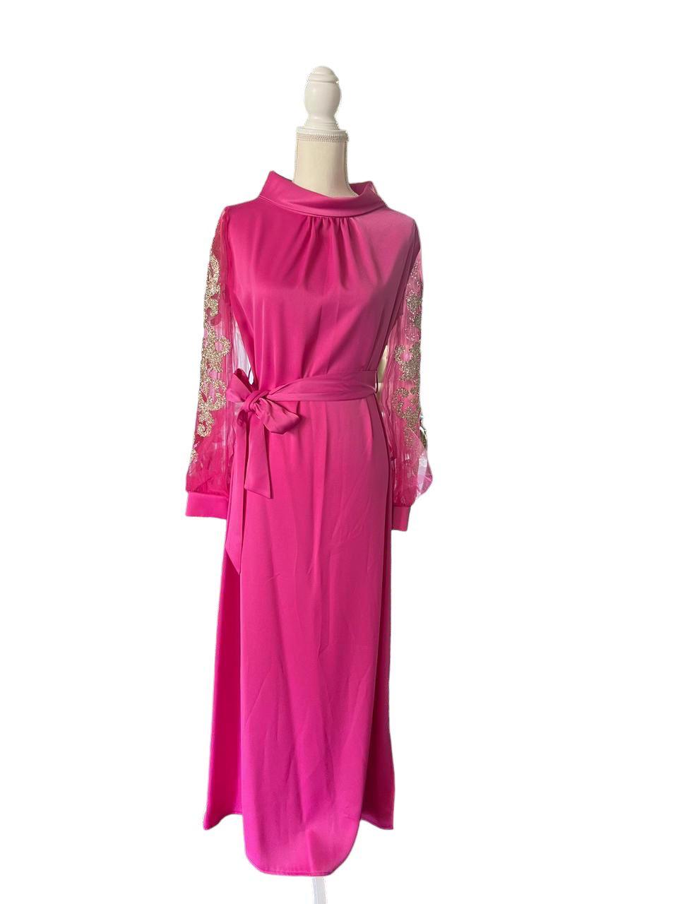 Fuchsia Elegance Embroidered Sleeve Dress